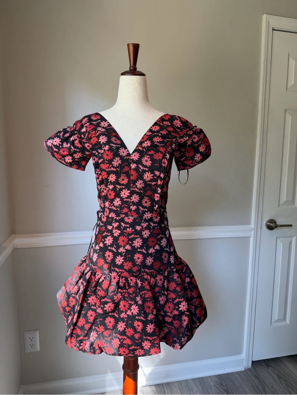 Sugarlips Black Dress with Pink Floral Print and Puff Sleeves